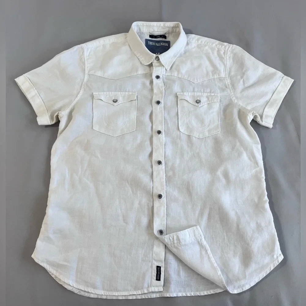 TRUE RELIGION Shirt Men‎ L 100% Linen Button up Slim Western Short Sleeve White